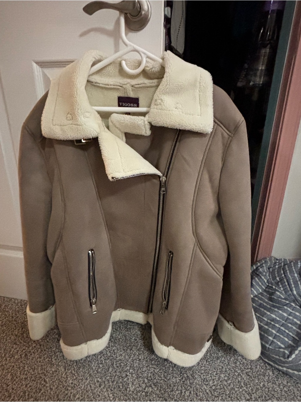 Vigoss Taupe Faux Shearling Aviator Jacket with Cream Trim